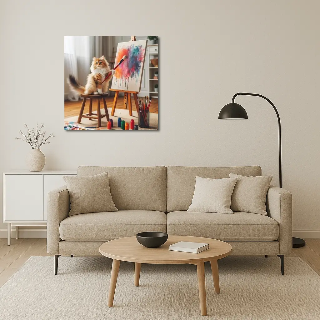 Fluffy Cat Painting on Easel Indoors – Wall Art