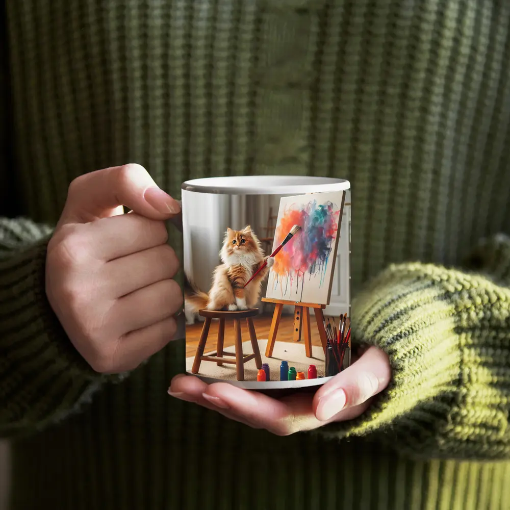 Fluffy Cat Painting on Easel Indoors – Mugs