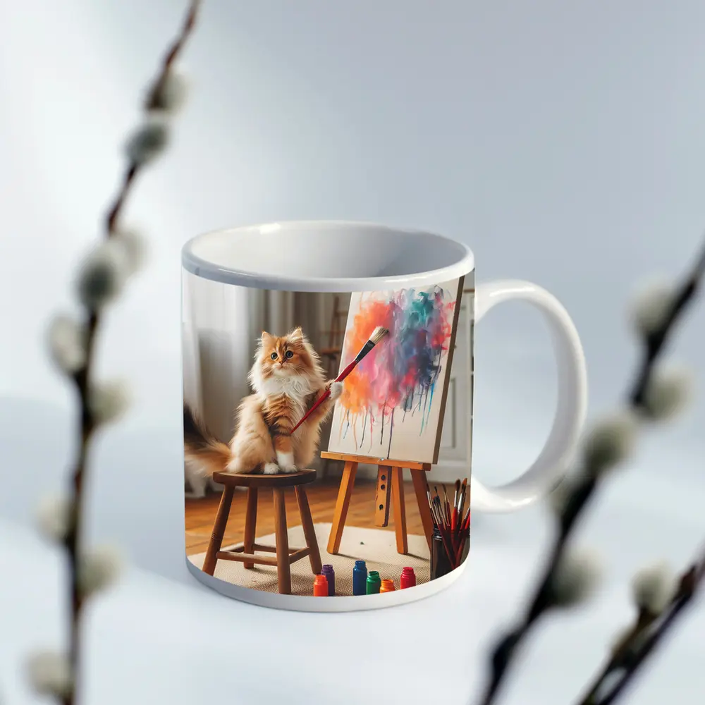 Fluffy Cat Painting on Easel Indoors – Mugs