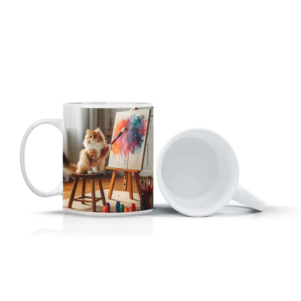 Fluffy Cat Painting on Easel Indoors – Mugs