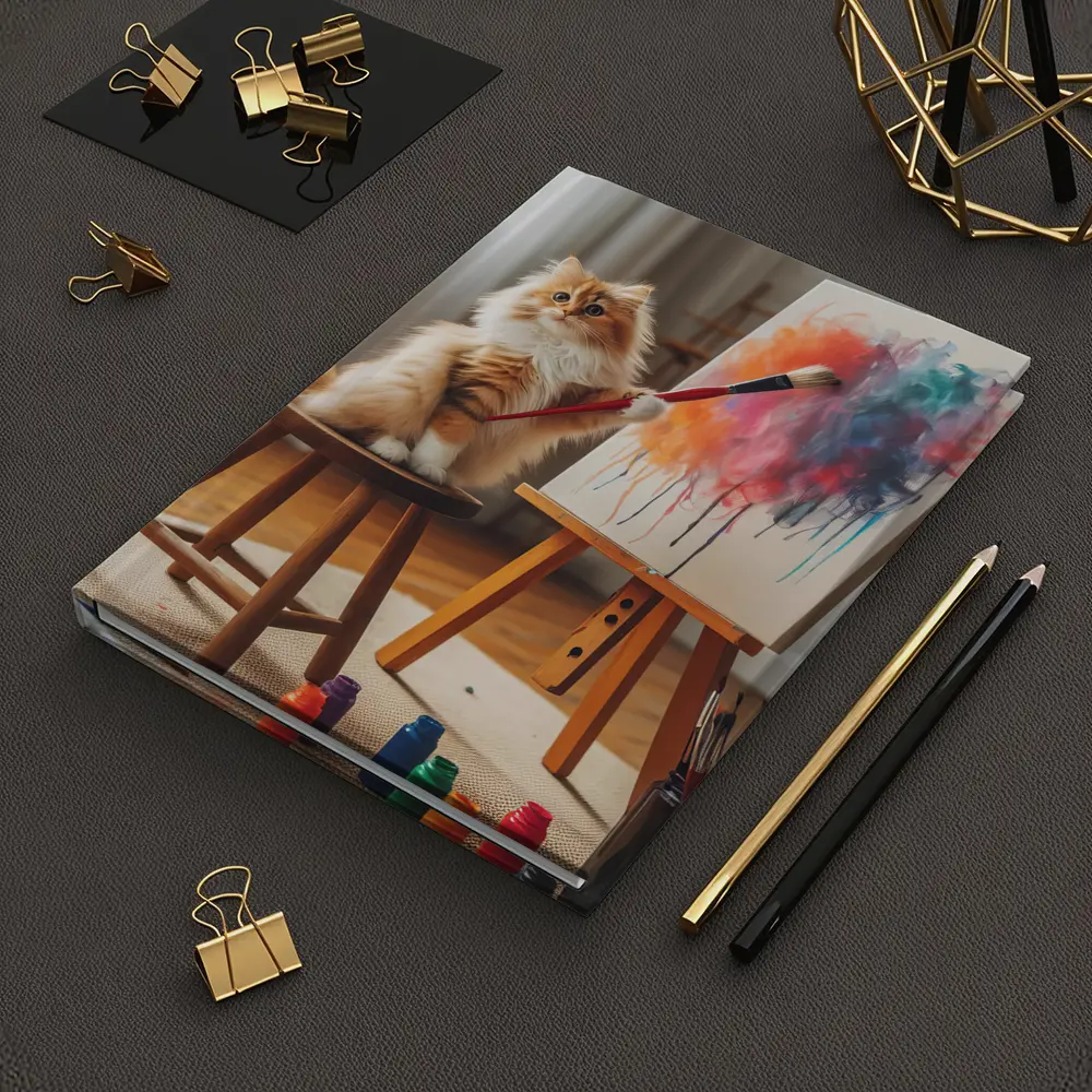 Fluffy Cat Painting on Easel Indoors – Notebooks