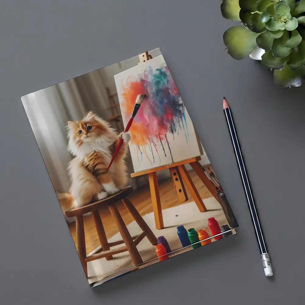 Fluffy Cat Painting on Easel Indoors – Notebooks