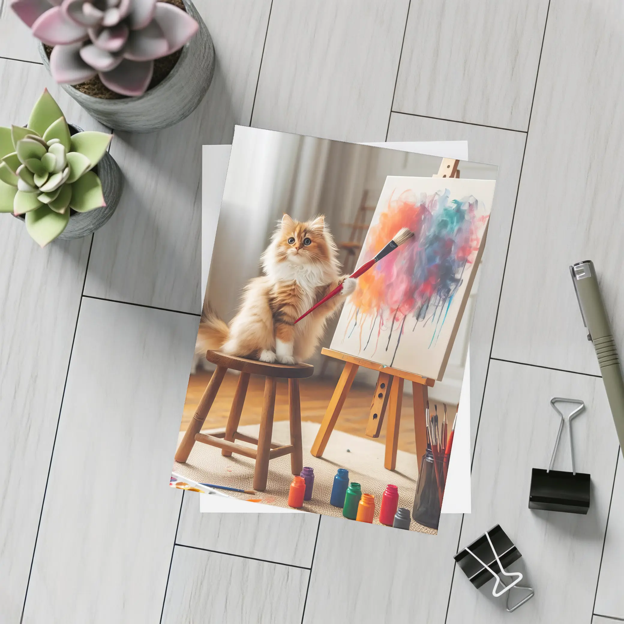 Fluffy Cat Painting on Easel Indoors – Postcards