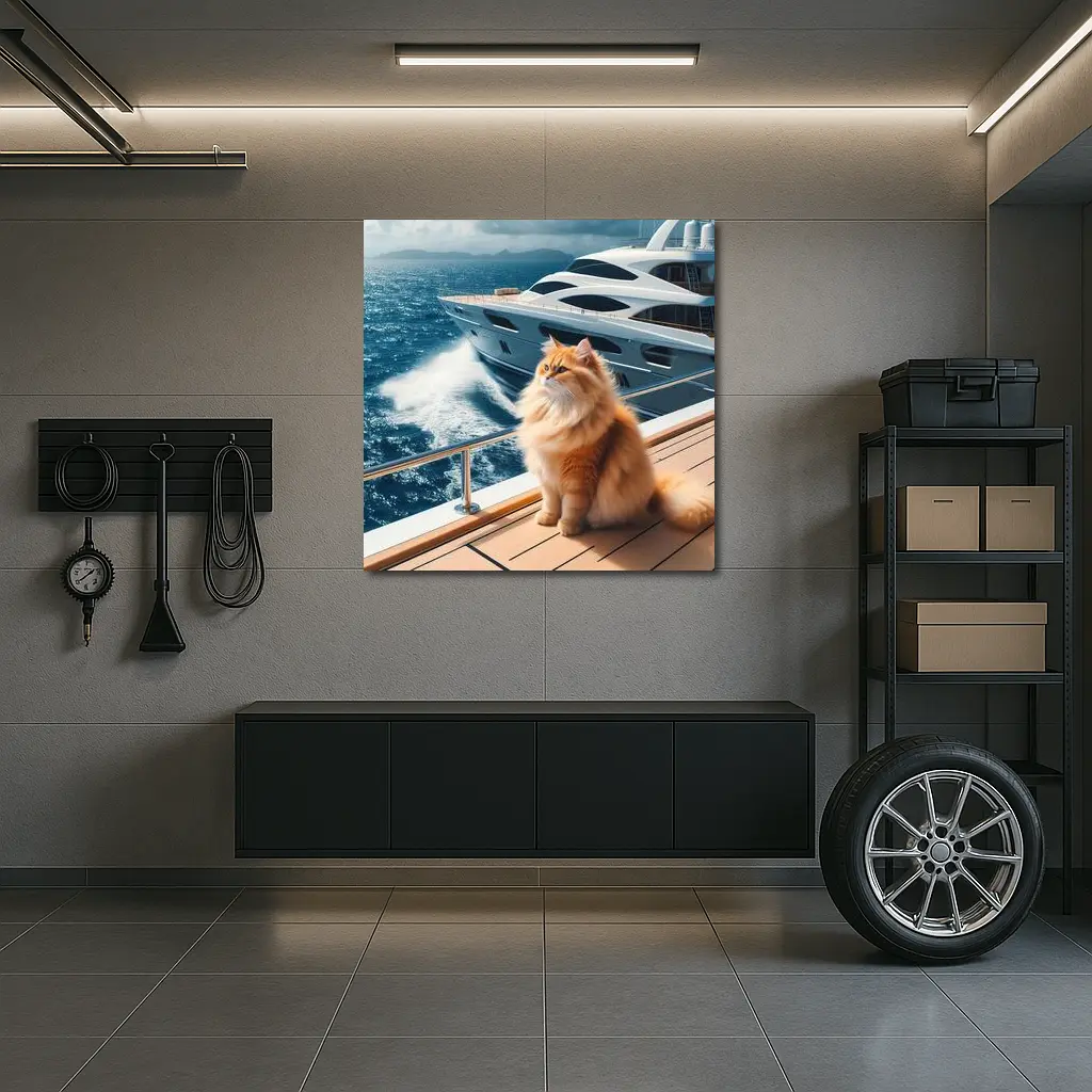 Fluffy Orange Cat Sitting On Luxury Yacht – Wall Art