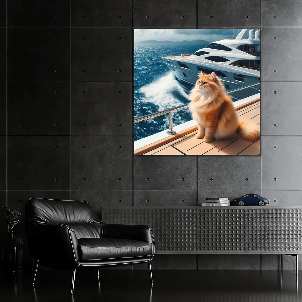 Fluffy Orange Cat Sitting On Luxury Yacht – Wall Art