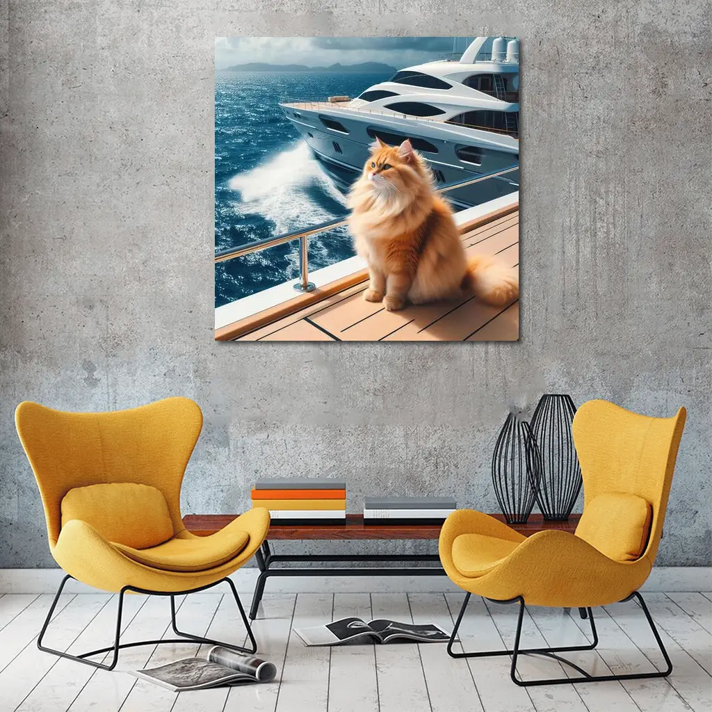 Fluffy Orange Cat Sitting On Luxury Yacht – Wall Art