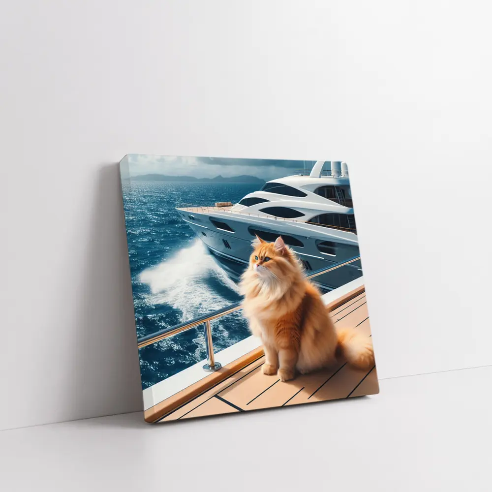 Fluffy Orange Cat Sitting On Luxury Yacht – Wall Art
