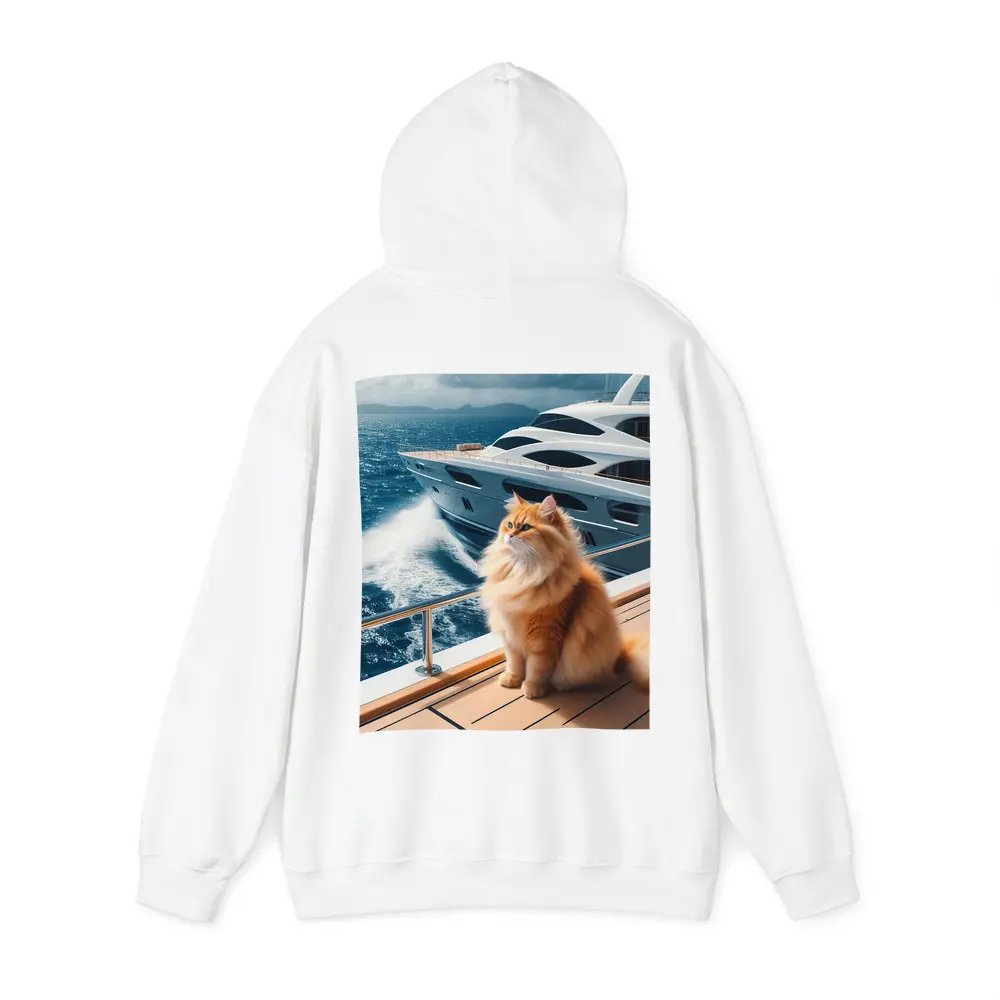 Fluffy Orange Cat Sitting On Luxury Yacht – Hoodies
