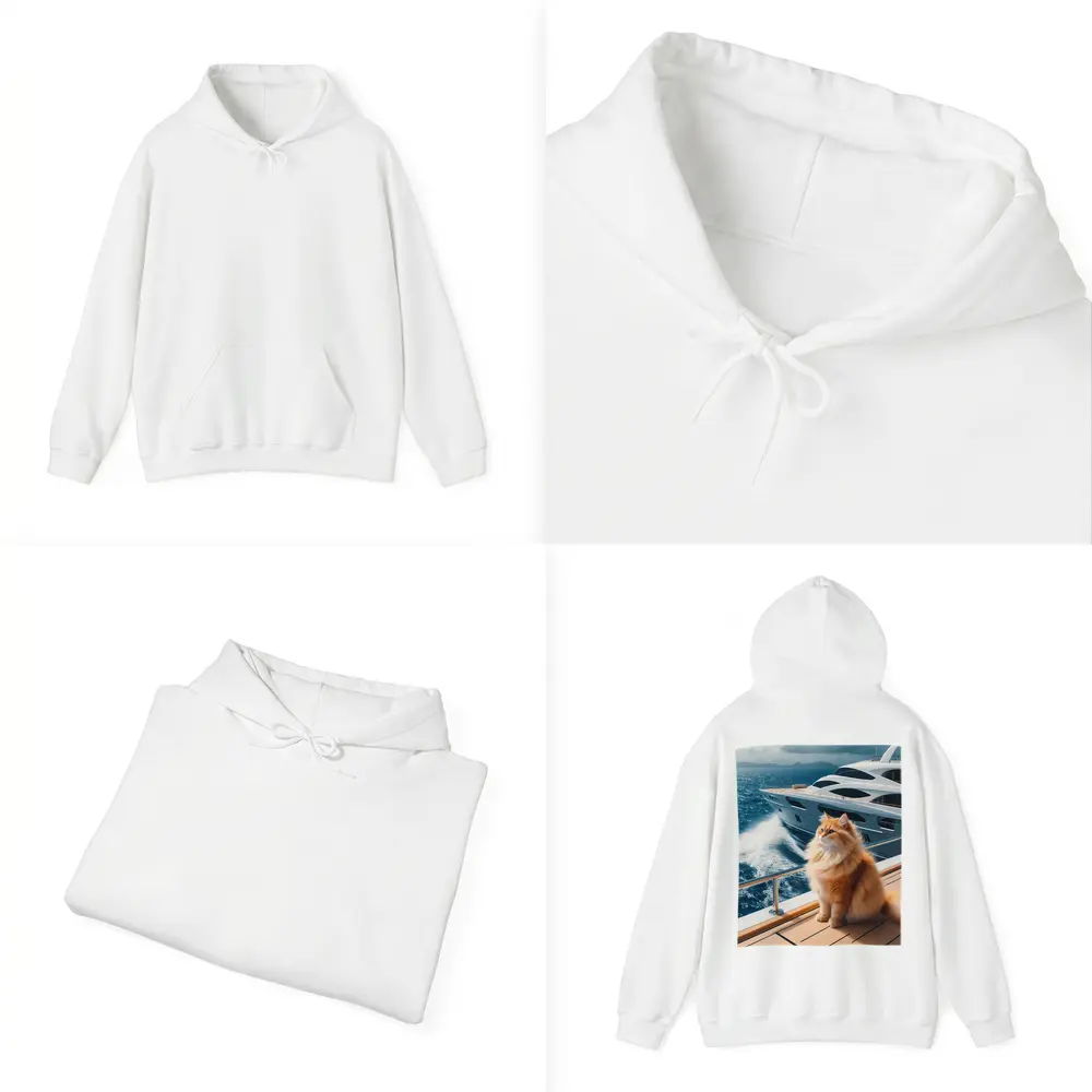 Fluffy Orange Cat Sitting On Luxury Yacht – Hoodies