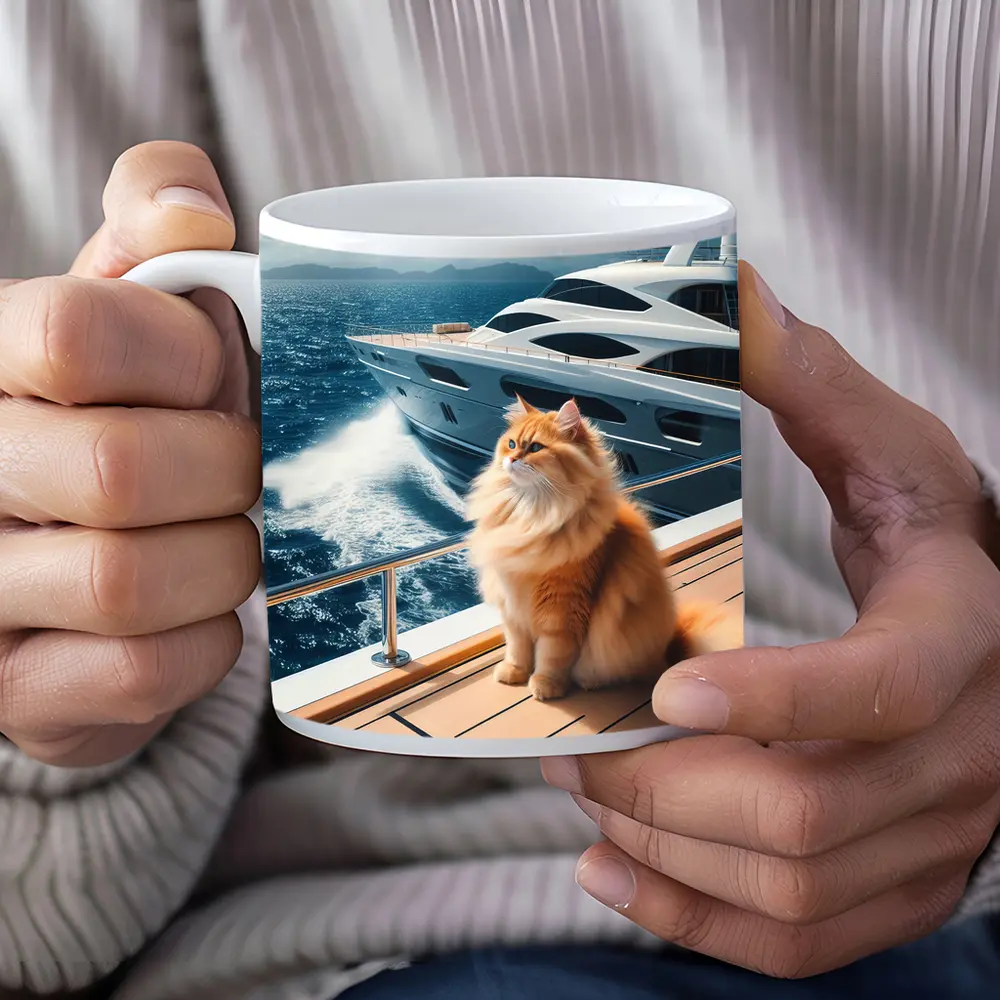 Fluffy Orange Cat Sitting On Luxury Yacht – Mugs