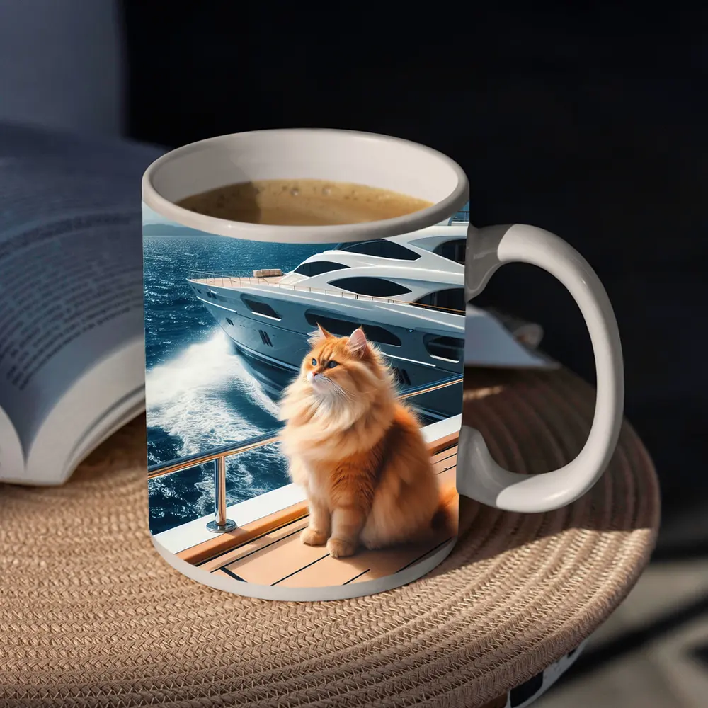 Fluffy Orange Cat Sitting On Luxury Yacht – Mugs