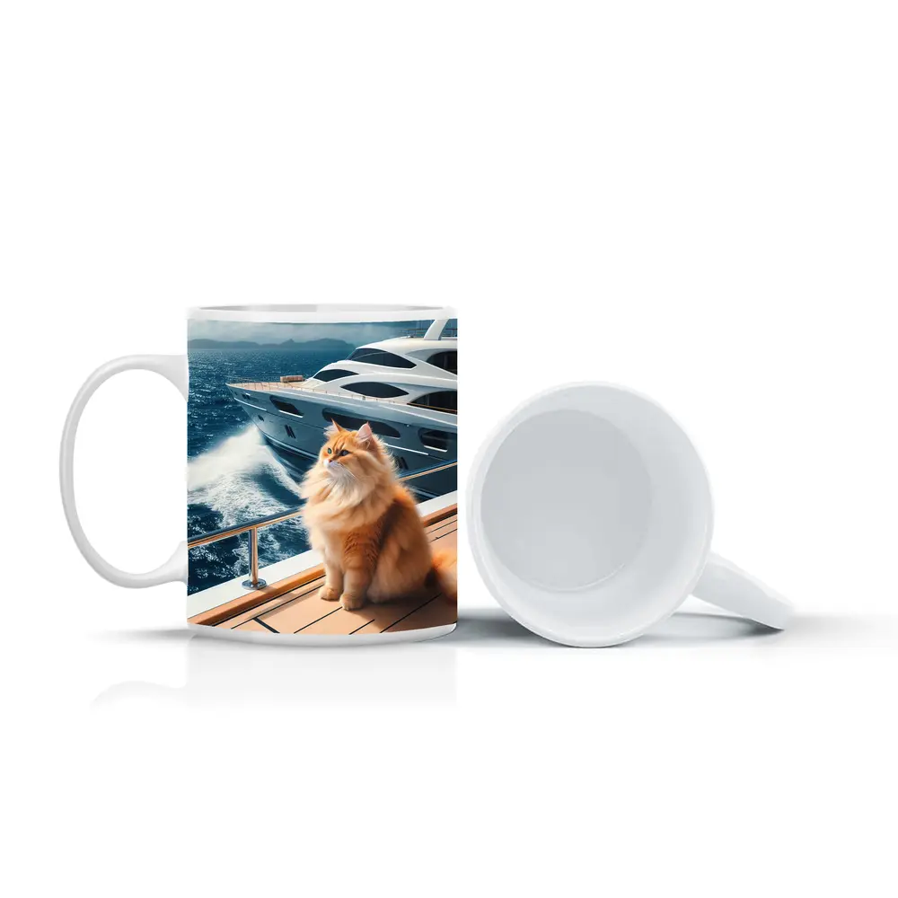 Fluffy Orange Cat Sitting On Luxury Yacht – Mugs