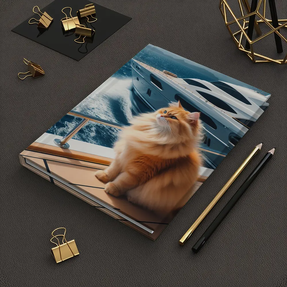 Fluffy Orange Cat Sitting On Luxury Yacht – Notebooks