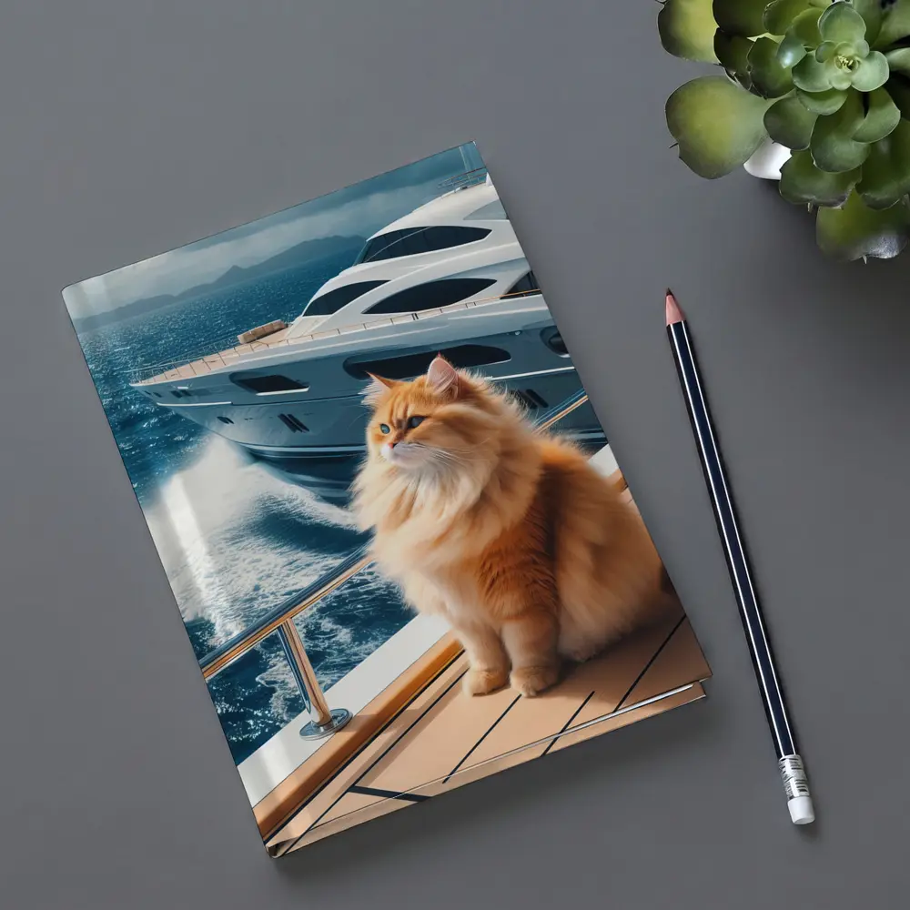 Fluffy Orange Cat Sitting On Luxury Yacht – Notebooks