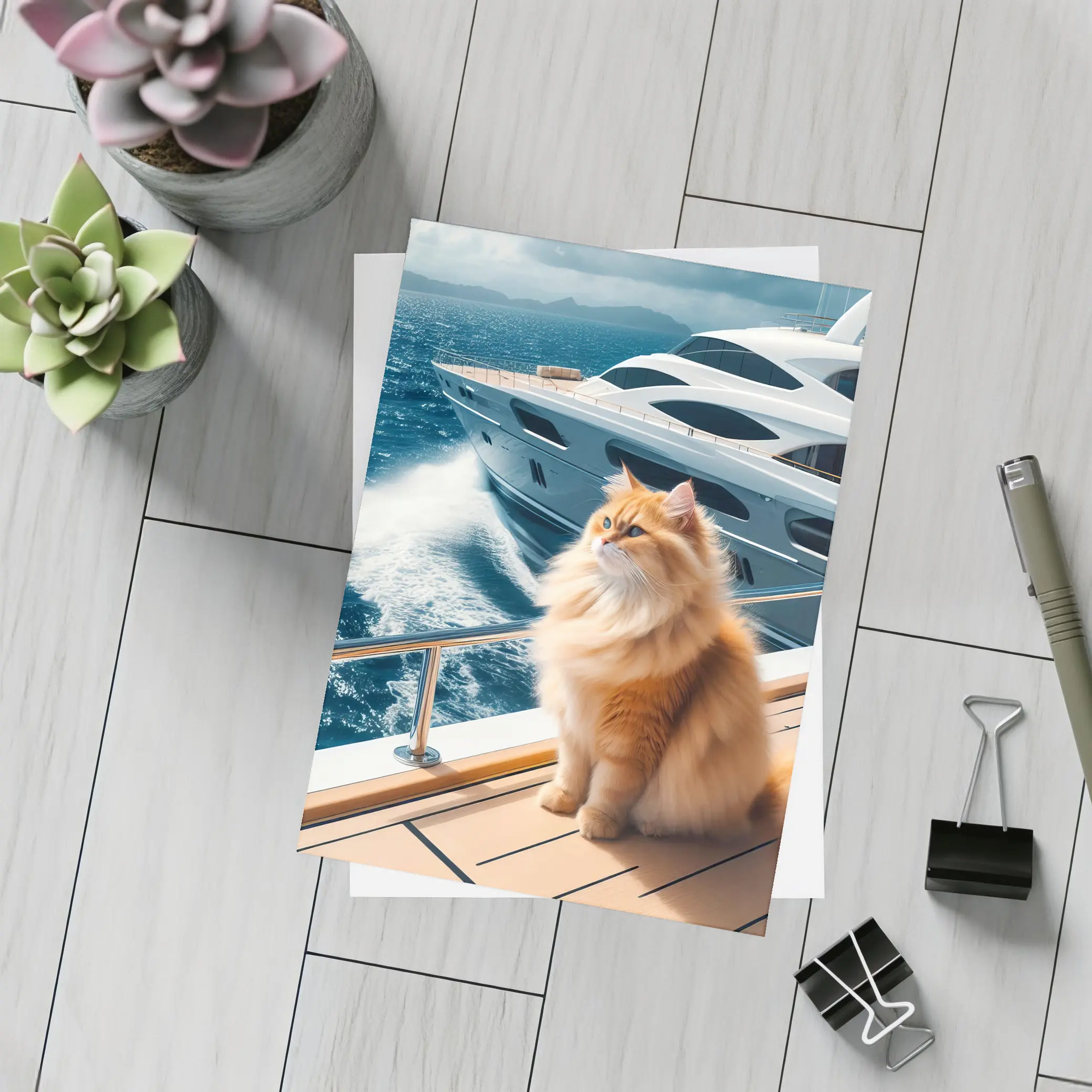 Fluffy Orange Cat Sitting On Luxury Yacht – Postcards