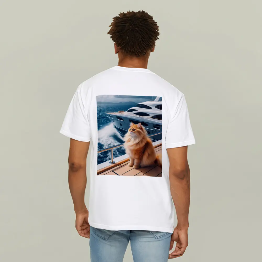 Fluffy Orange Cat Sitting On Luxury Yacht – T-Shirts