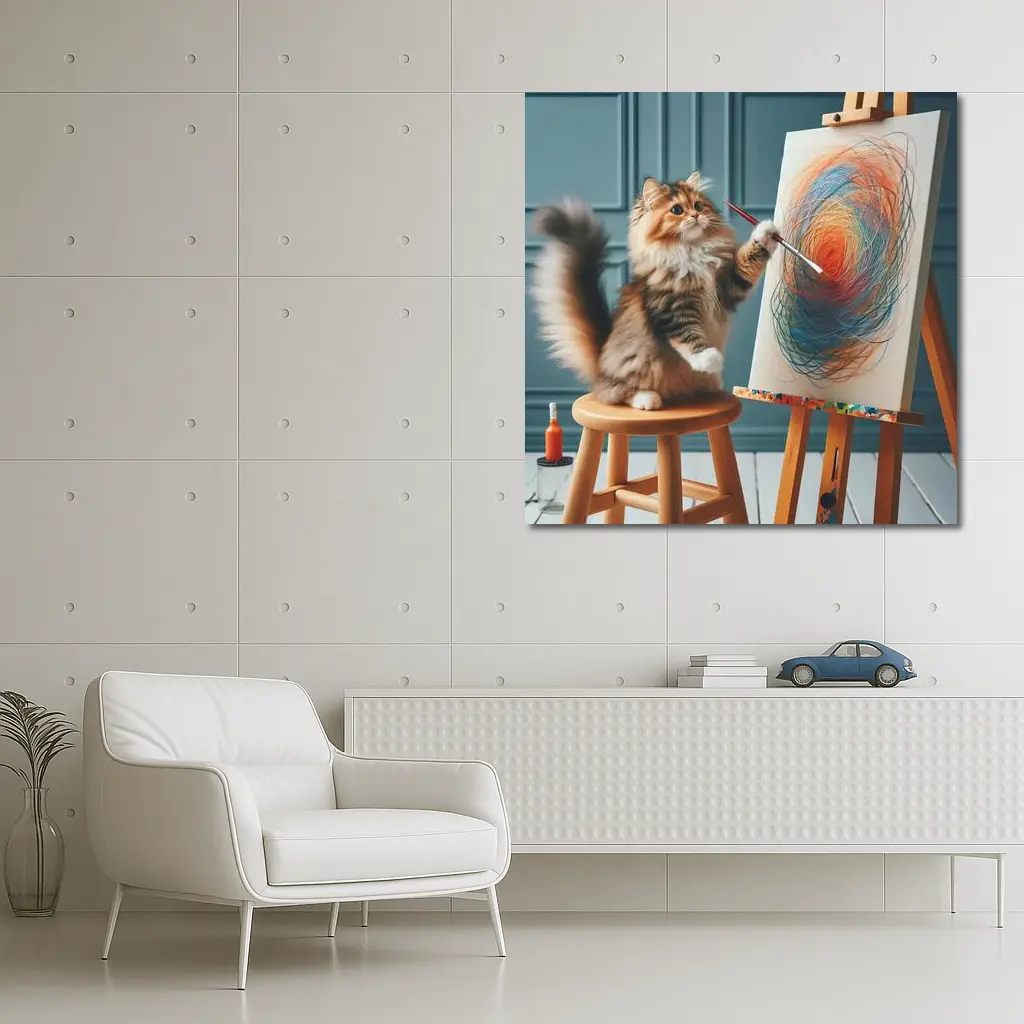 Fluffy Cat Painting on Easel Art – Wall Art