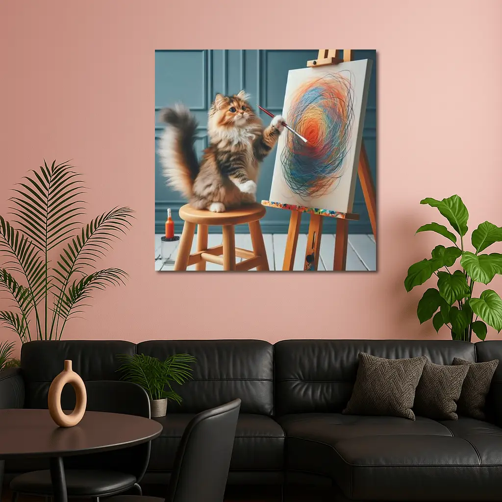Fluffy Cat Painting on Easel Art – Wall Art