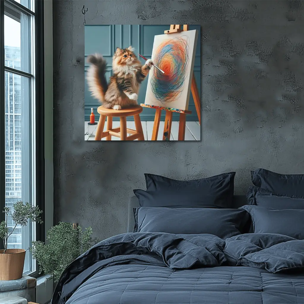 Fluffy Cat Painting on Easel Art – Wall Art