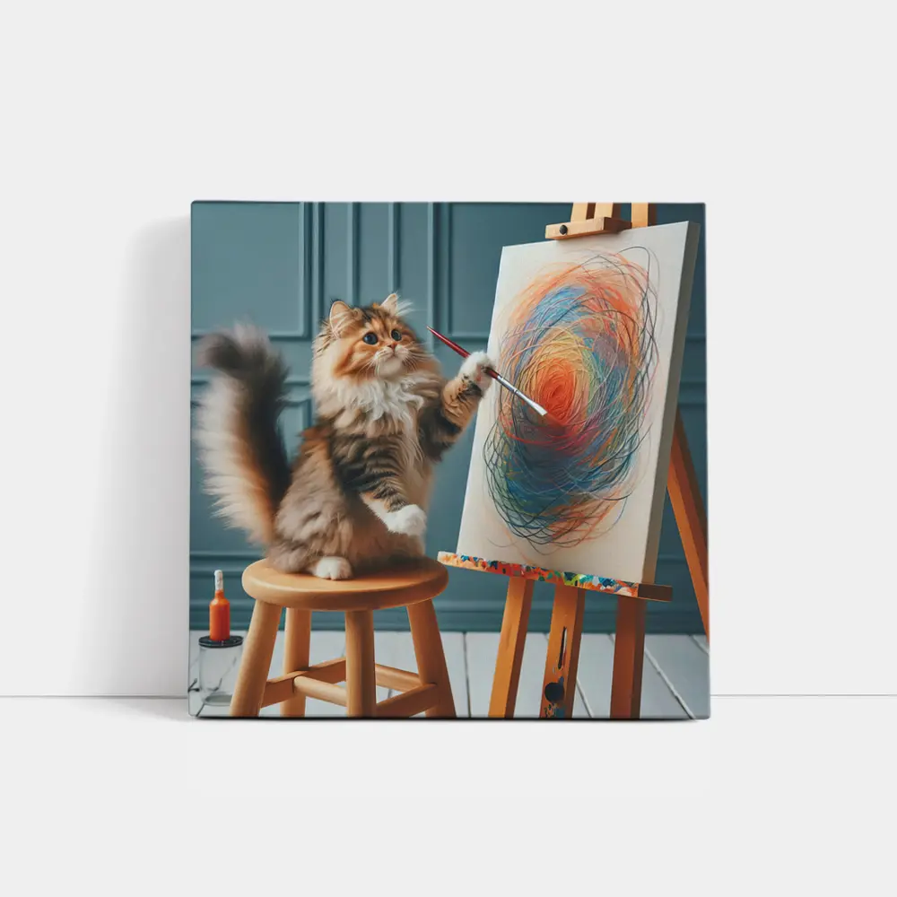 Fluffy Cat Painting on Easel Art – Wall Art