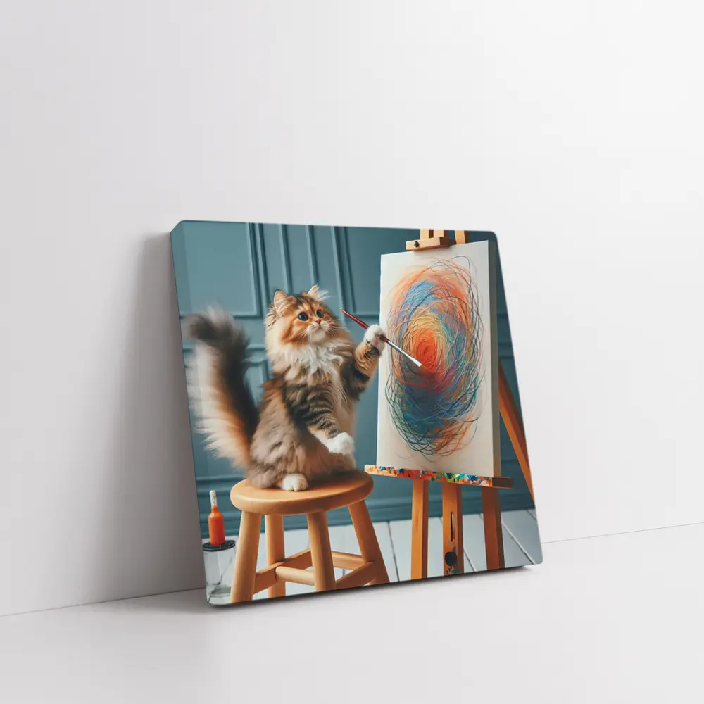 Fluffy Cat Painting on Easel Art – Wall Art