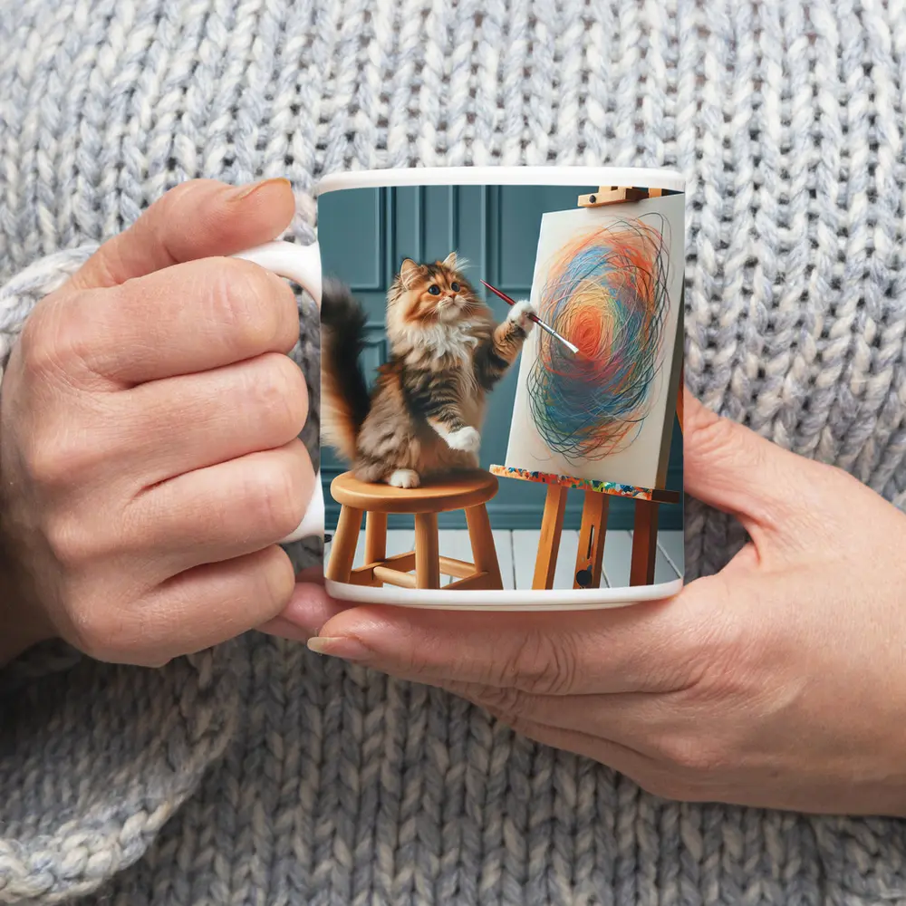 Fluffy Cat Painting on Easel Art – Mugs