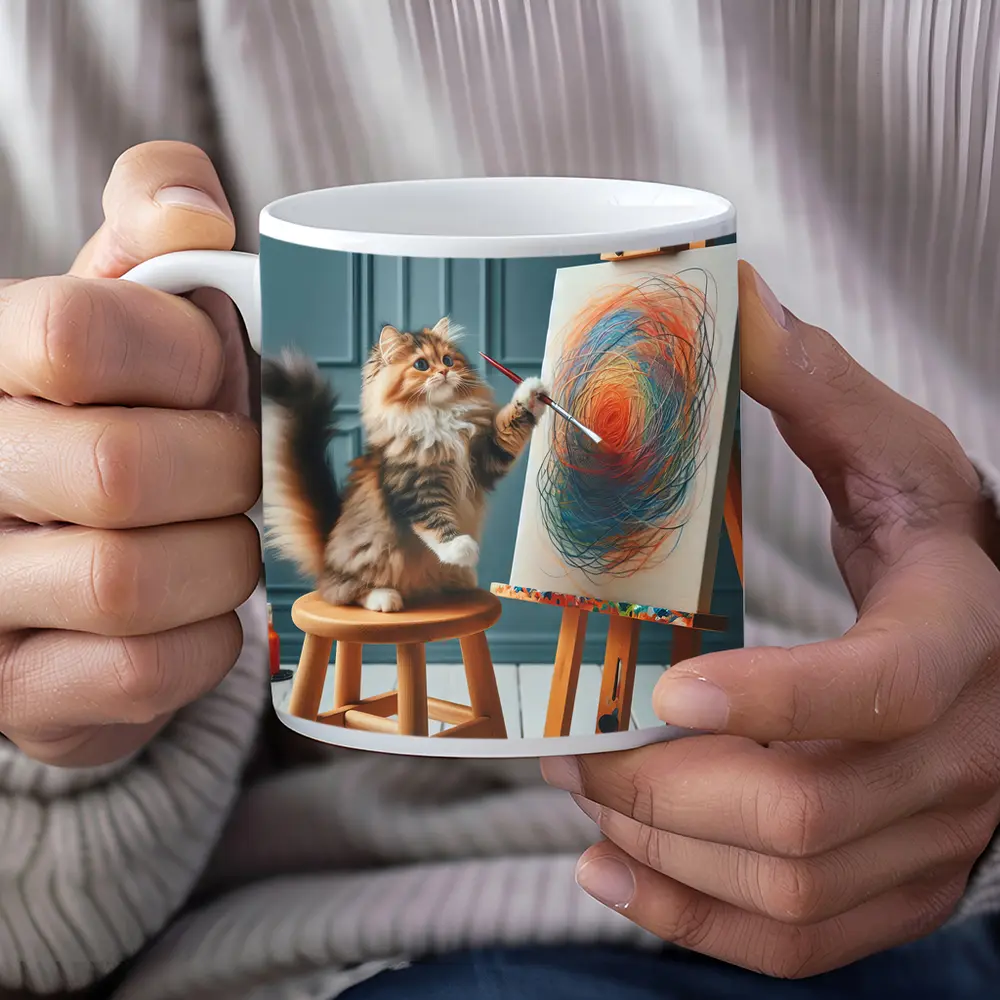 Fluffy Cat Painting on Easel Art – Mugs