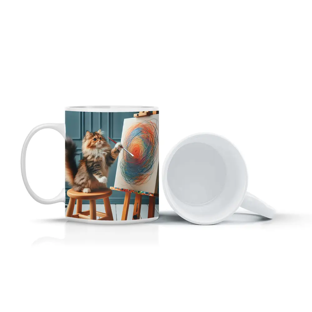 Fluffy Cat Painting on Easel Art – Mugs