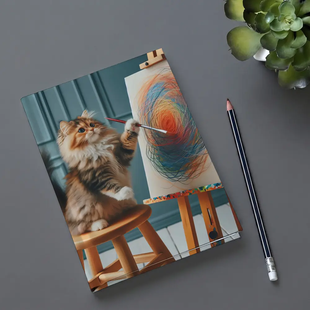 Fluffy Cat Painting on Easel Art – Notebooks