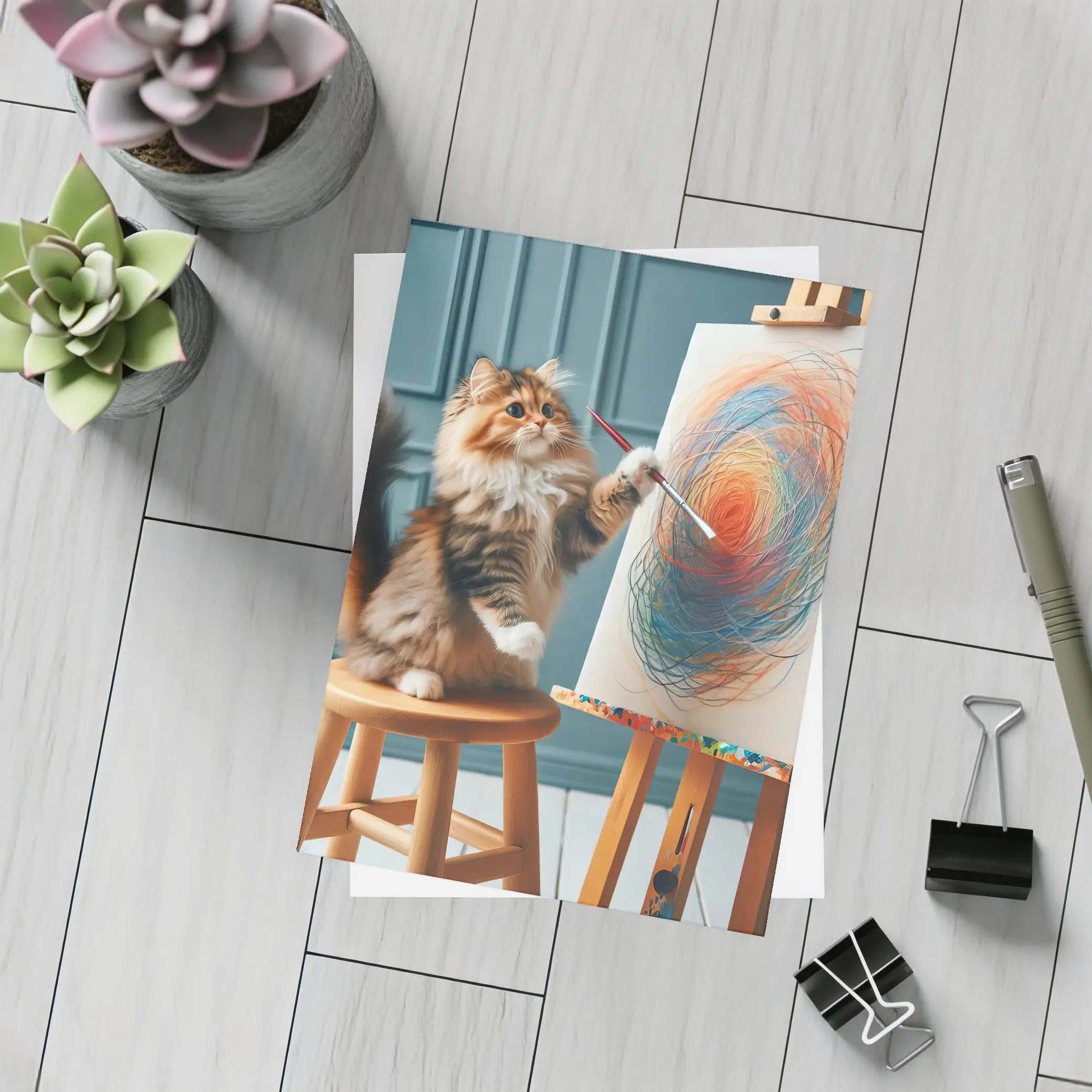 Fluffy Cat Painting on Easel Art – Postcards