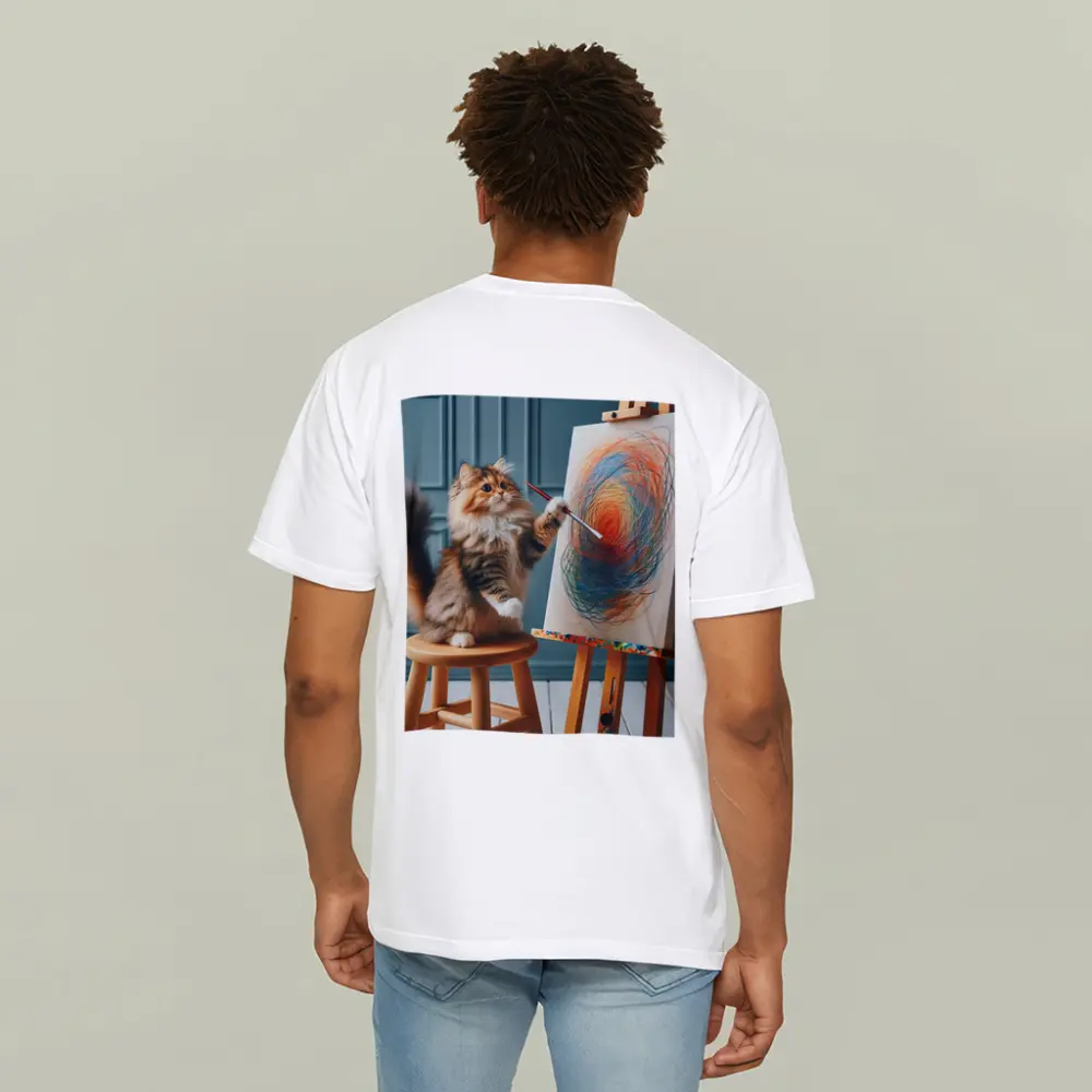 Fluffy Cat Painting on Easel Art – T-Shirts