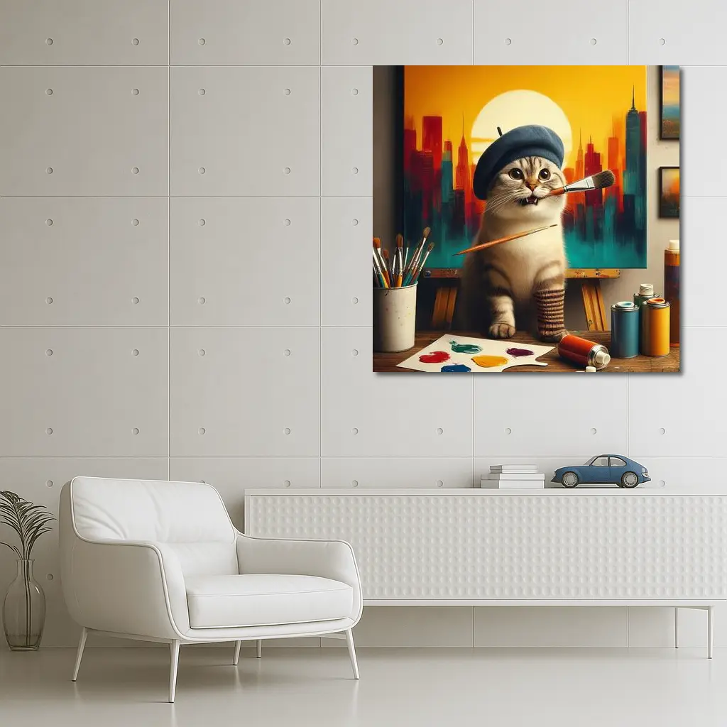 Scottish Fold Cat Artist Painting City – Wall Art