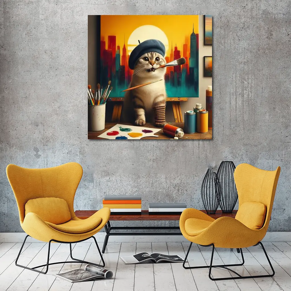 Scottish Fold Cat Artist Painting City – Wall Art