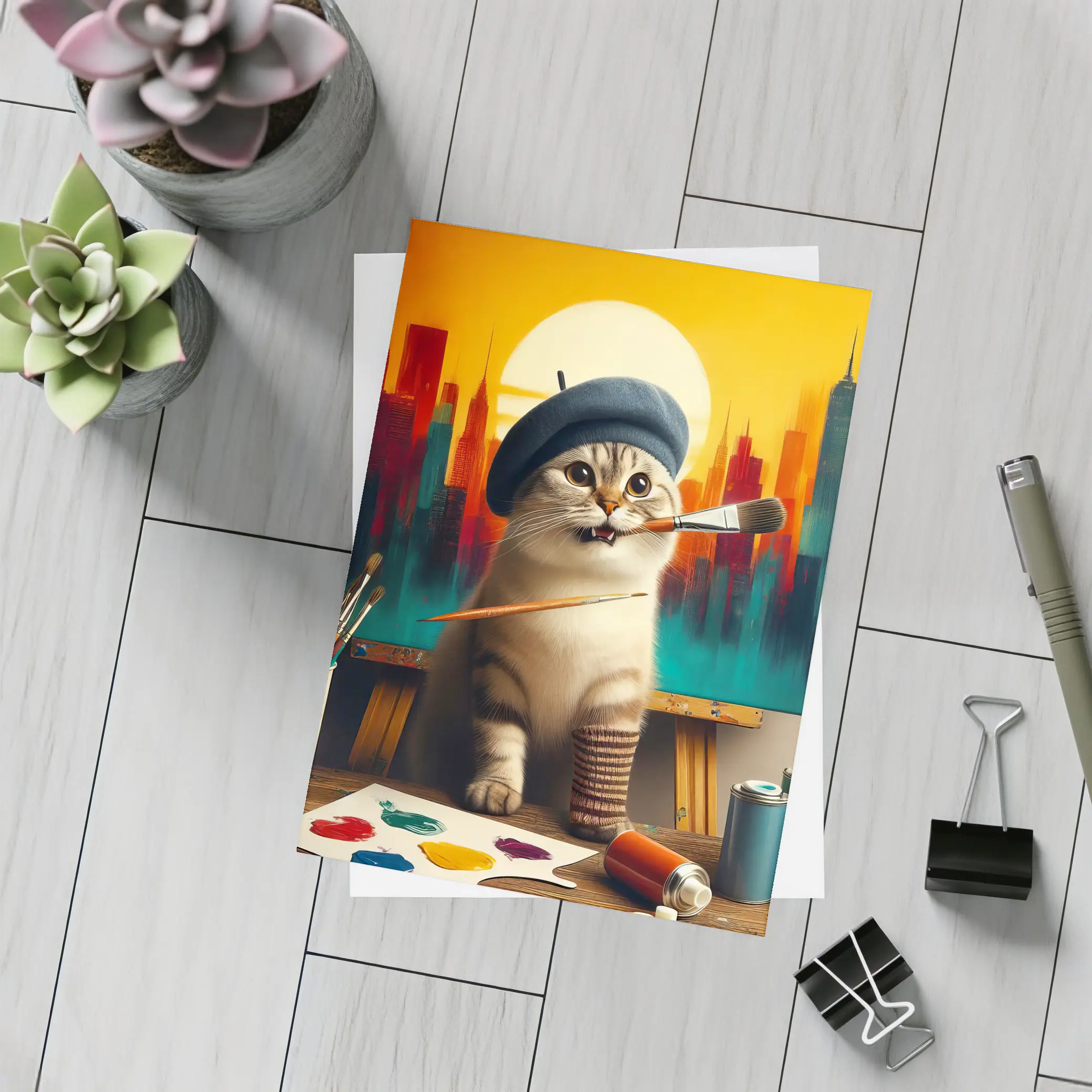 Scottish Fold Cat Artist Painting City – Postcards
