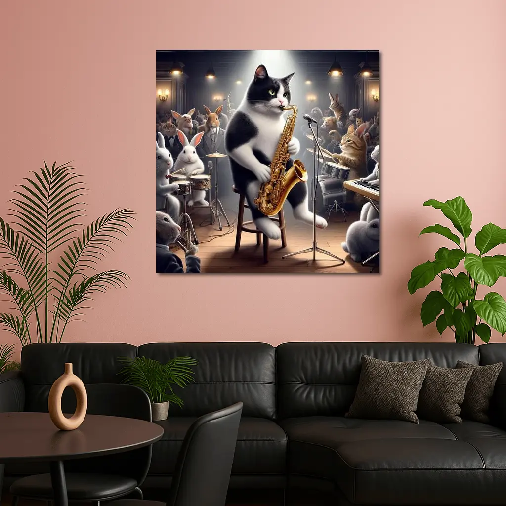 Tuxedo Cat Playing Saxophone Jazz Concert – Wall Art