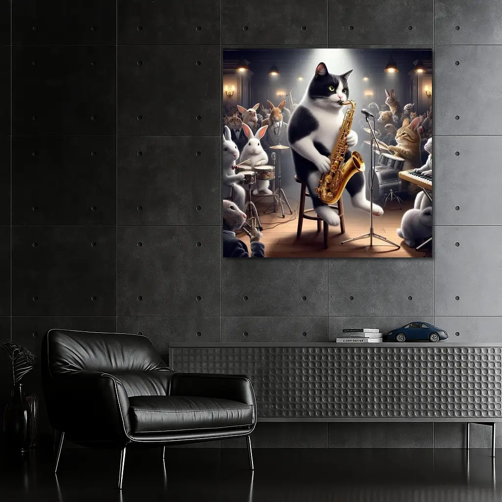Tuxedo Cat Playing Saxophone Jazz Concert – Wall Art