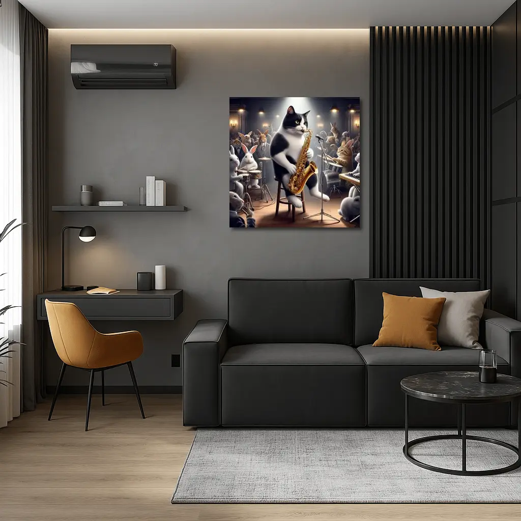 Tuxedo Cat Playing Saxophone Jazz Concert – Wall Art