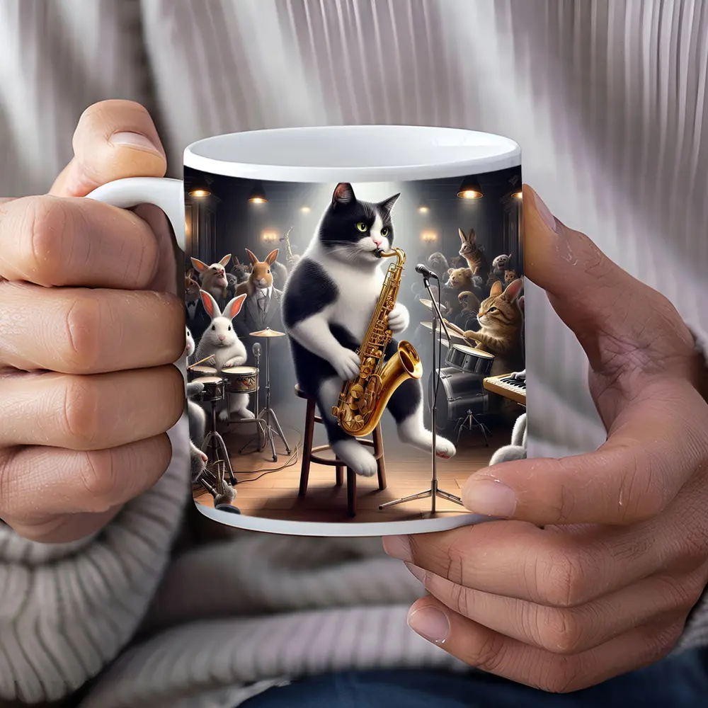 Tuxedo Cat Playing Saxophone Jazz Concert – Mugs