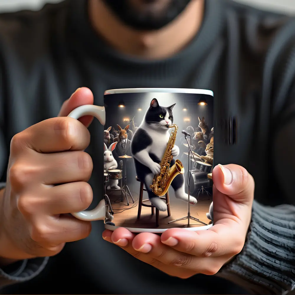 Tuxedo Cat Playing Saxophone Jazz Concert – Mugs