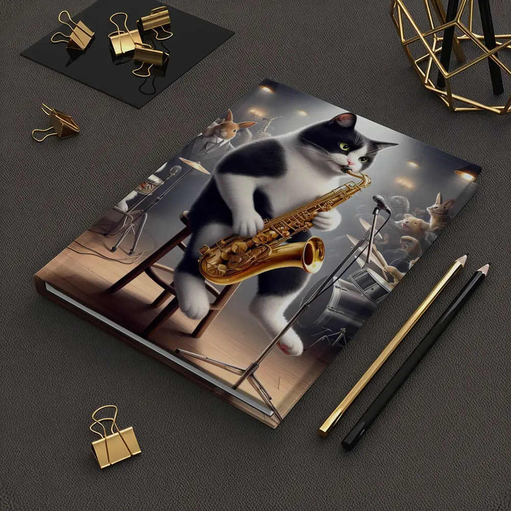 Tuxedo Cat Playing Saxophone Jazz Concert – Notebooks