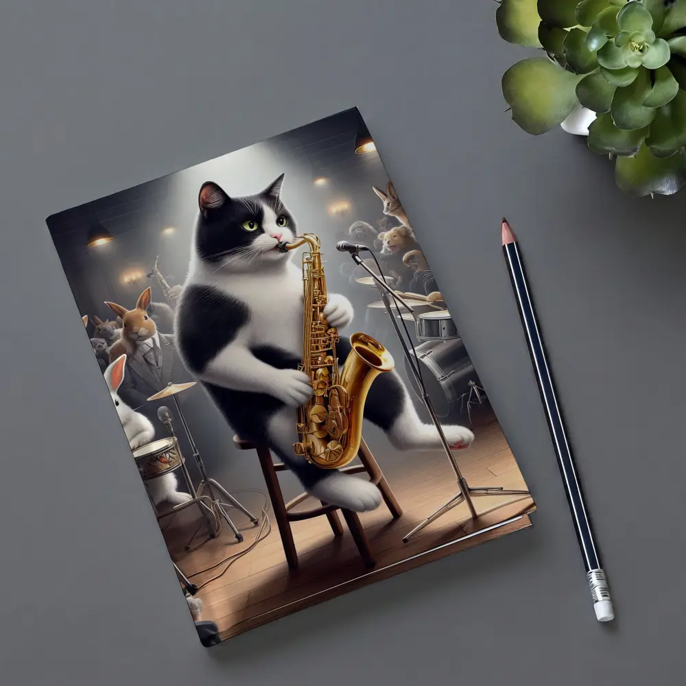 Tuxedo Cat Playing Saxophone Jazz Concert – Notebooks