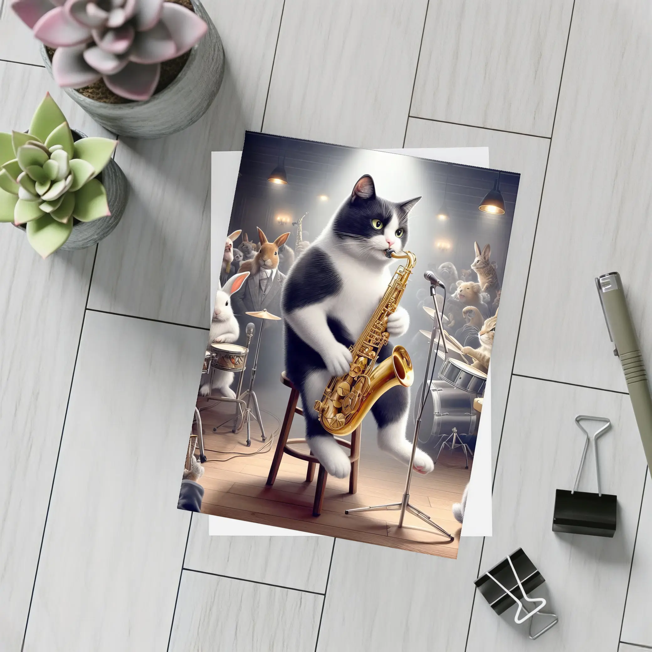 Tuxedo Cat Playing Saxophone Jazz Concert – Postcards