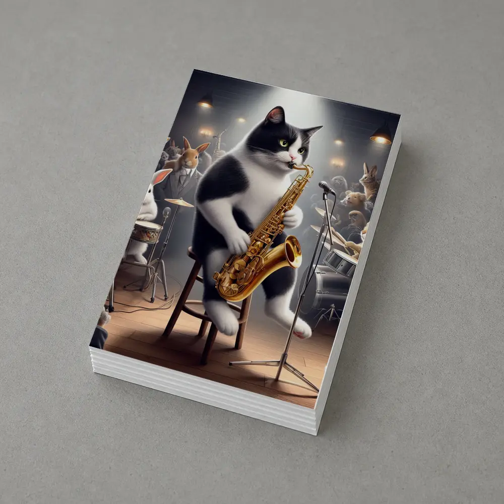 Tuxedo Cat Playing Saxophone Jazz Concert – Postcards