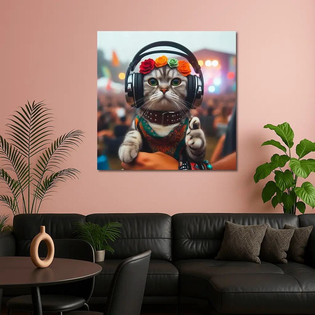 Festival Cat With Headphones And Flowers – Wall Art