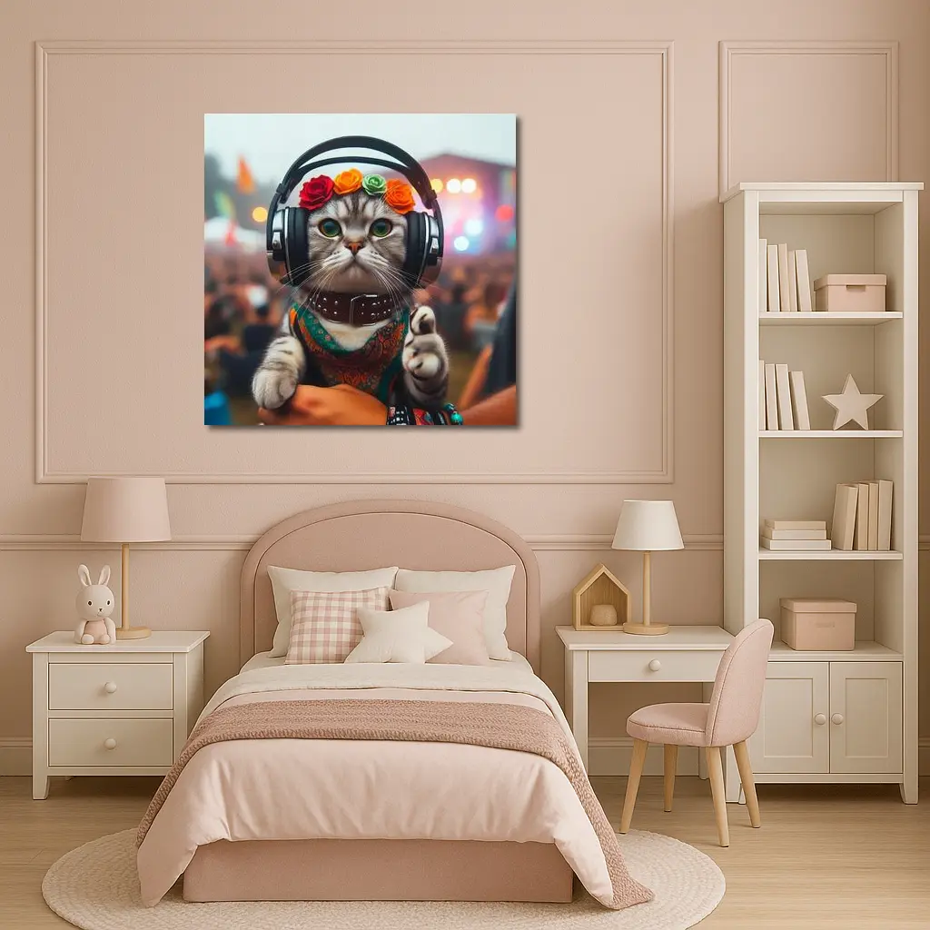 Festival Cat With Headphones And Flowers – Wall Art