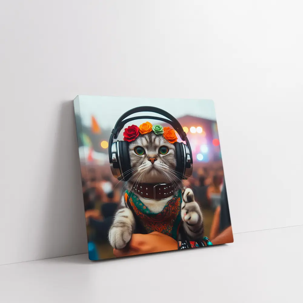Festival Cat With Headphones And Flowers – Wall Art