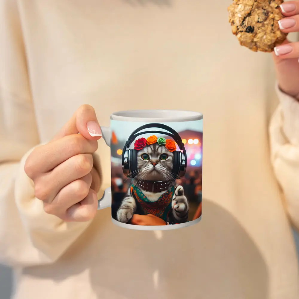 Festival Cat With Headphones And Flowers – Mugs
