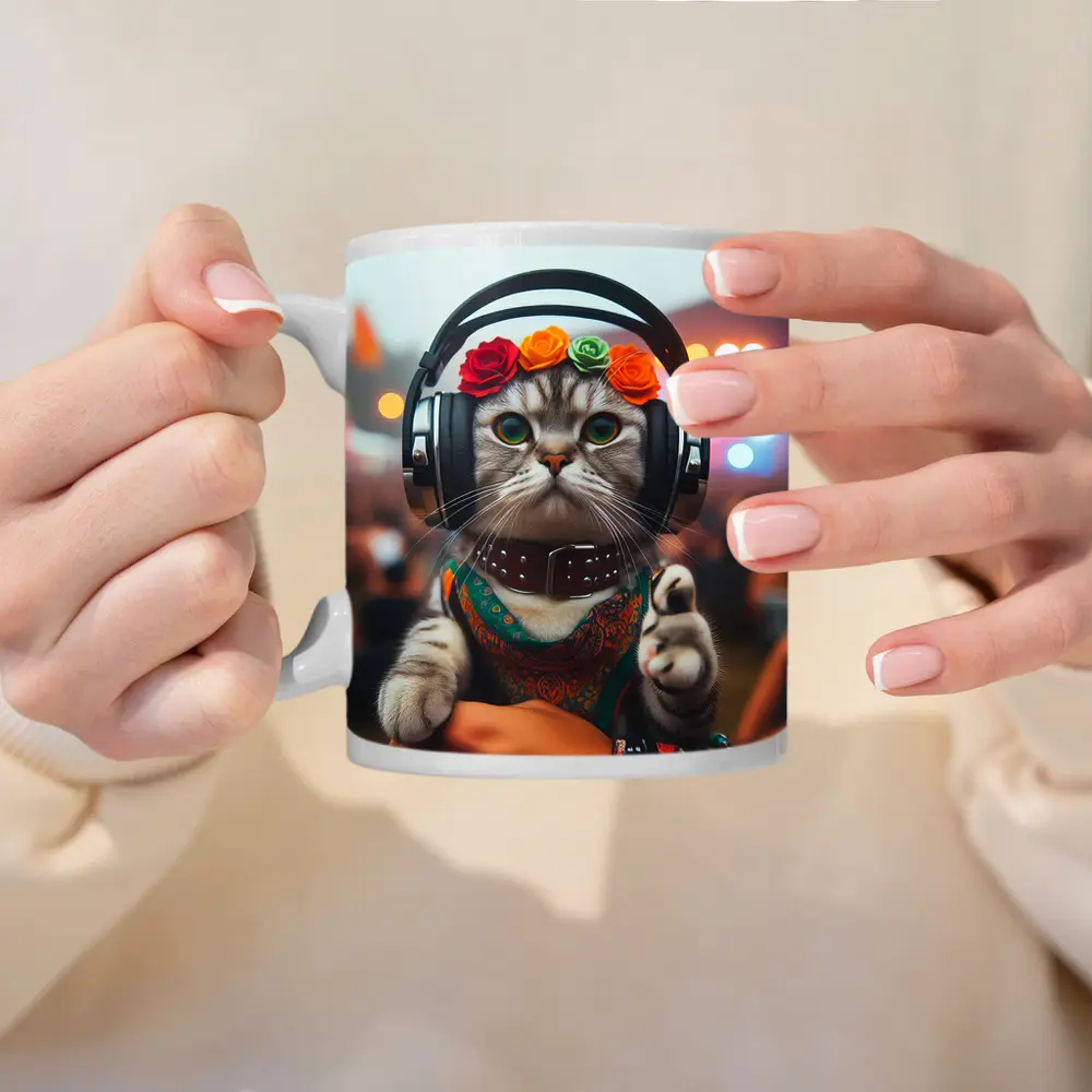 Festival Cat With Headphones And Flowers – Mugs
