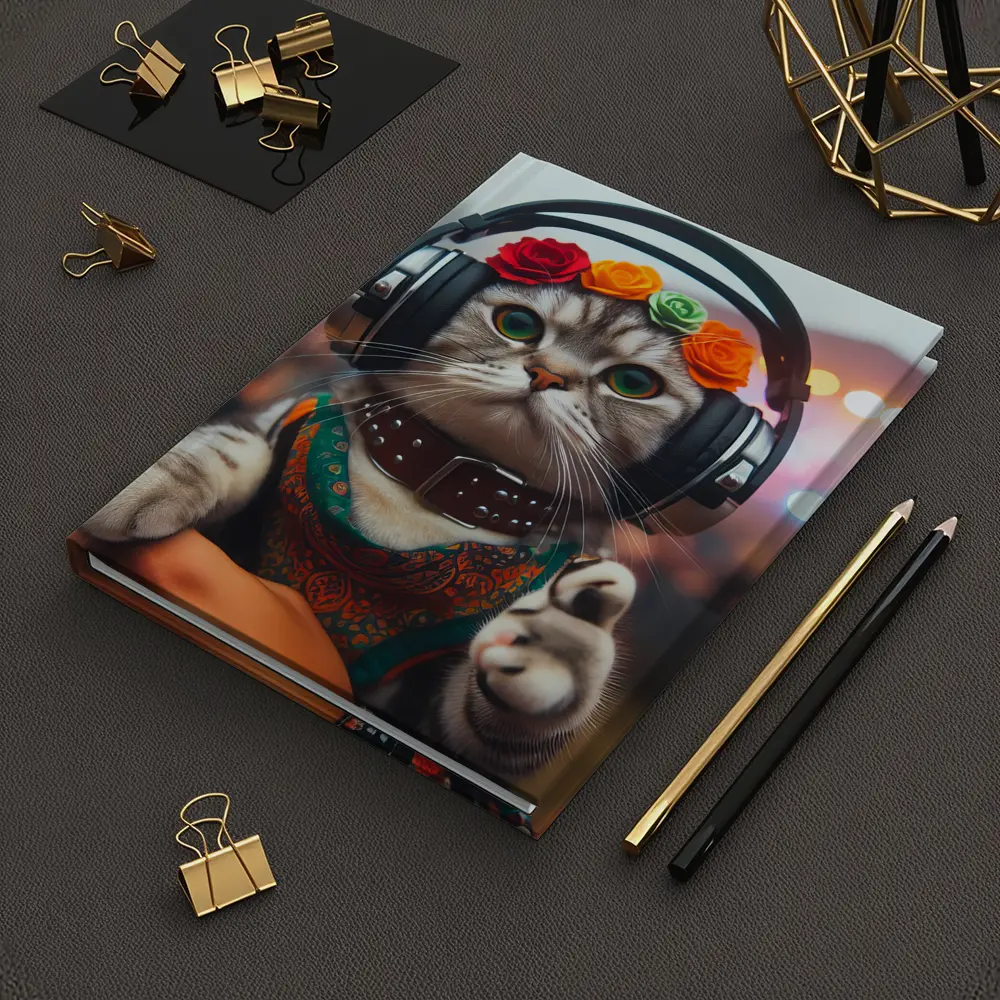 Festival Cat With Headphones And Flowers – Notebooks