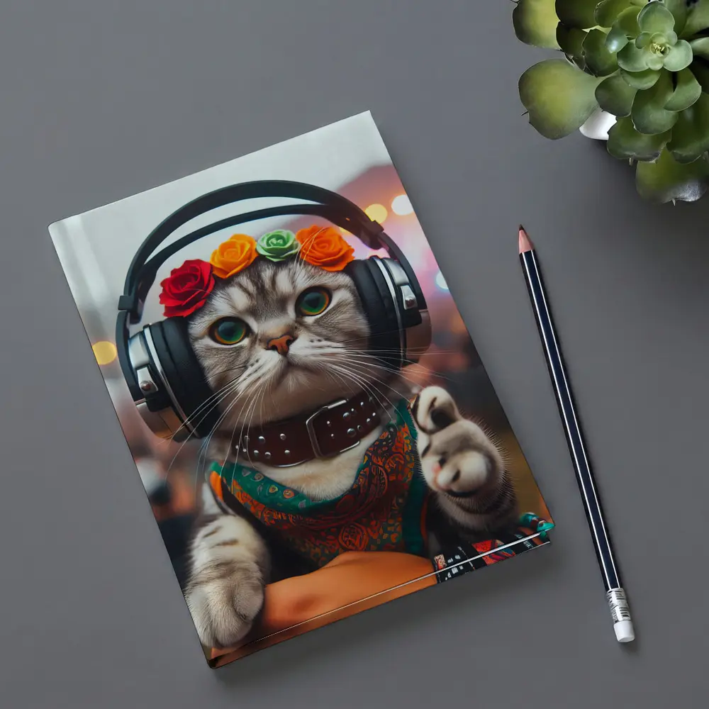 Festival Cat With Headphones And Flowers – Notebooks